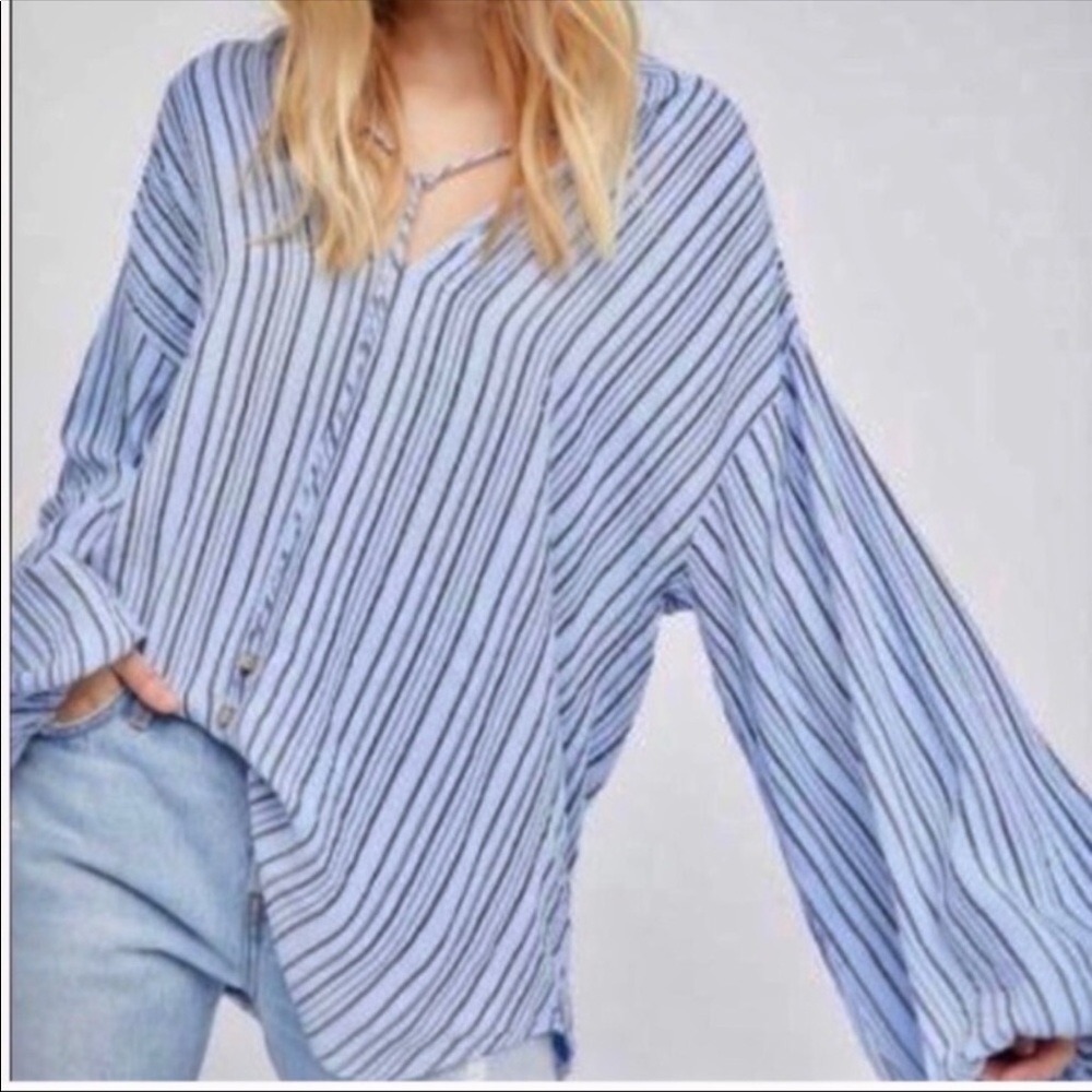 Free People Blue Striped Oversized Tunic Top